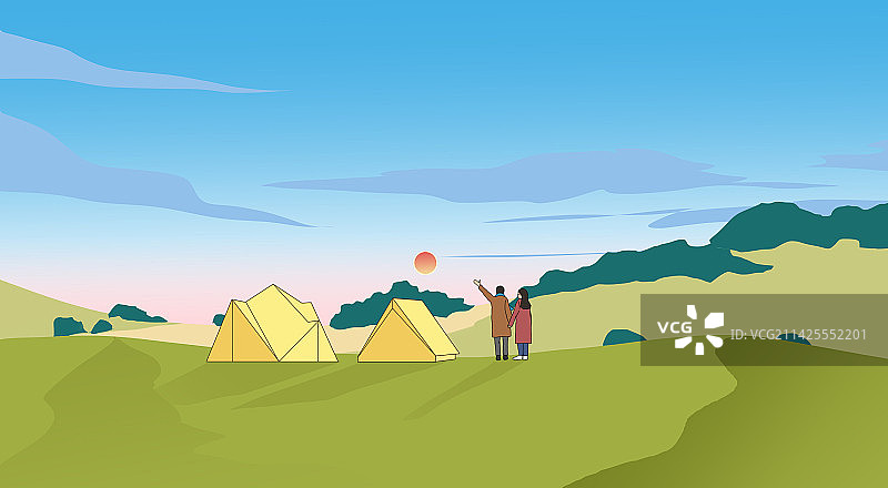 浪漫情侣夫妻户外露营旅游旅行放松度假休假看日出生活方式田园风光插画图片素材