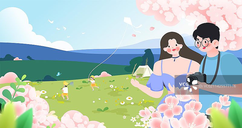 春游季一家人外出旅行打卡矢量插画图片素材