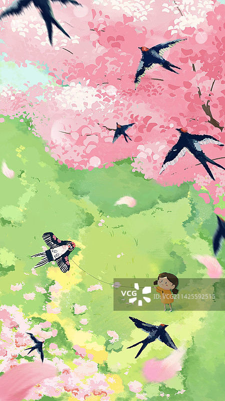 小清新唯美俯视春天樱花燕子游玩插画图片素材