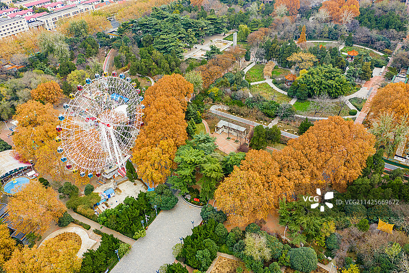 航拍郑州碧沙岗公园冬日风光 游乐场摩天轮图片素材