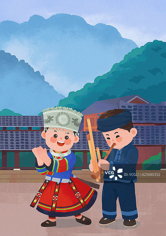 卡通少数民族苗族服装人物插画图片素材