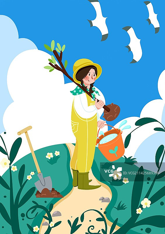 植树节 扁平风  户外女孩种树图片素材