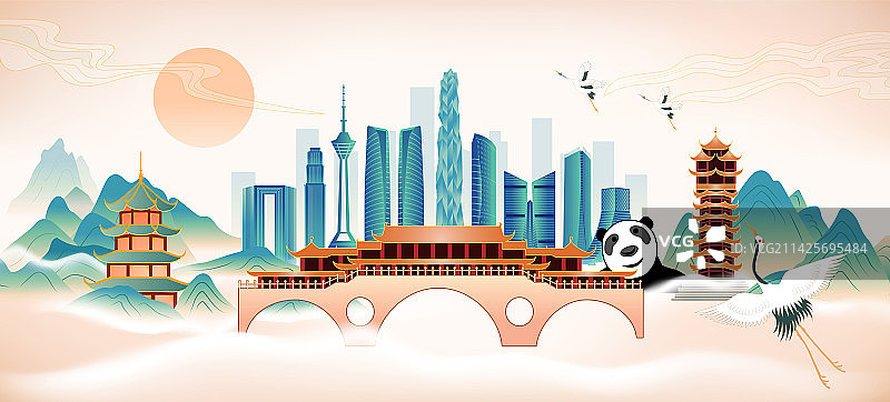 中国四川成都市国潮青绿山水城市彩色插画图片素材