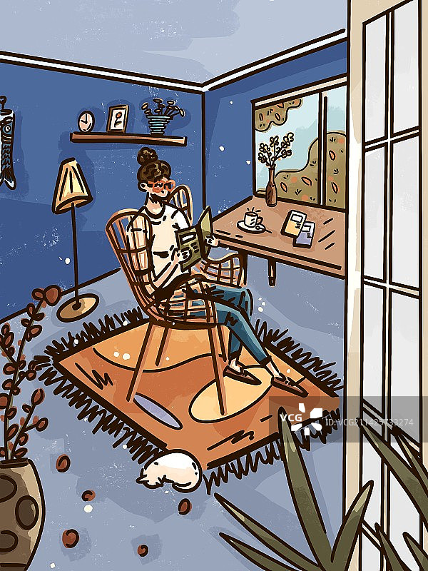 线条风插画休闲阅读独处图片素材