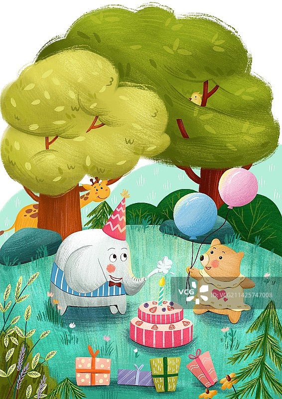 童趣风森林里庆祝生日的动物们图片素材