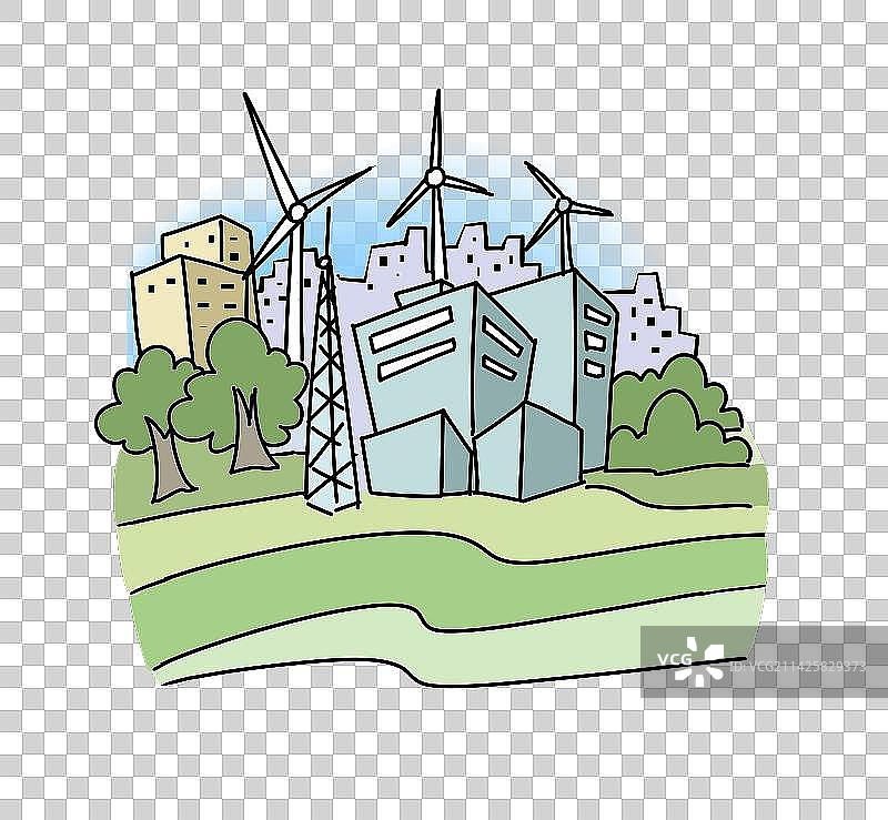 城市绿化与风力发电机图片素材
