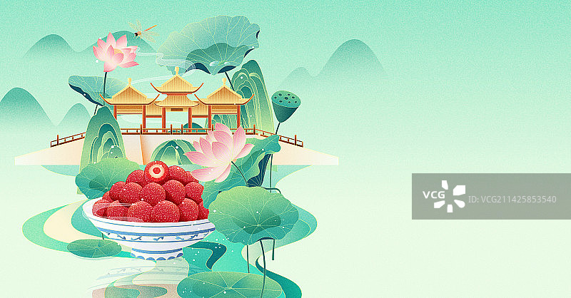 传统节气立夏扬州五亭桥杨梅水果矢量海报图片素材