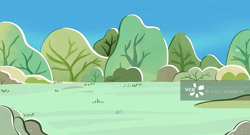 森林树木蓝天草地户外自然清新春天插画图片素材