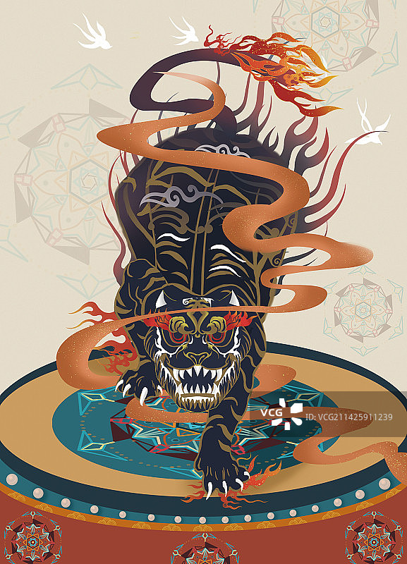 鼓面老虎火焰国潮风霸气插画图片素材