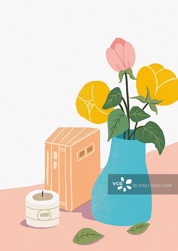 扁平风书桌上的鲜花书本和蜡烛图片素材