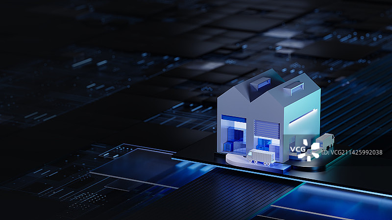 3D渲染蓝色科技风格物流仓储概念插图图片素材