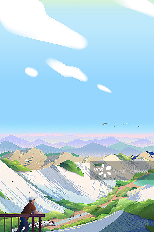 晴天楼梯平台上观赏恶地景点的游客插画图片素材