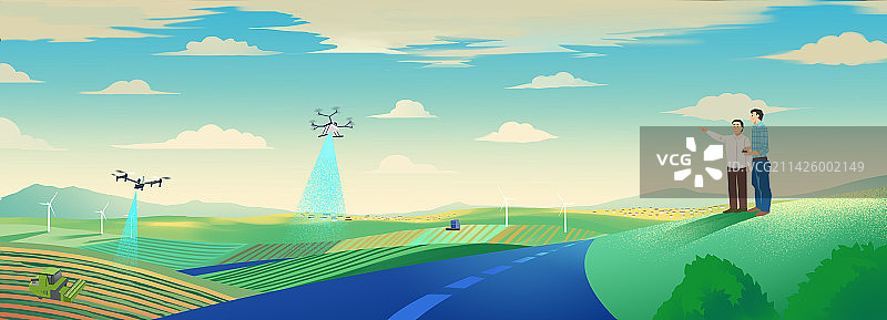 乡村振兴农民农村农业现代化发展种植收割无人机监控农田种植风景插画图片素材
