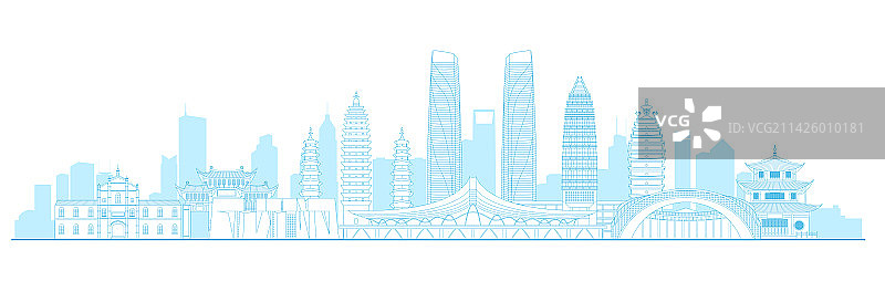昆明城市地标建筑蓝色线稿矢量插画图片素材