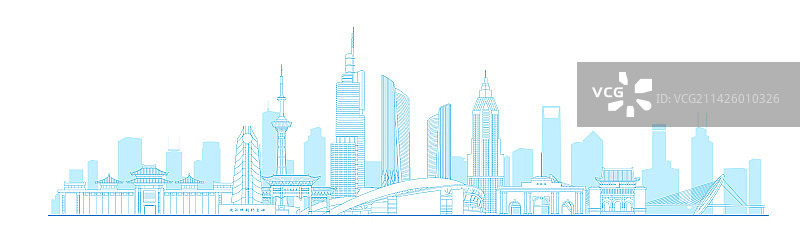 南京城市地标建筑蓝色线稿矢量插画图片素材