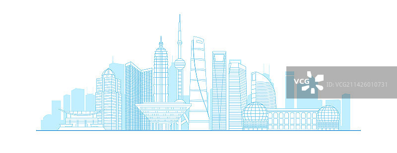 上海城市地标建筑蓝色线稿矢量插画图片素材