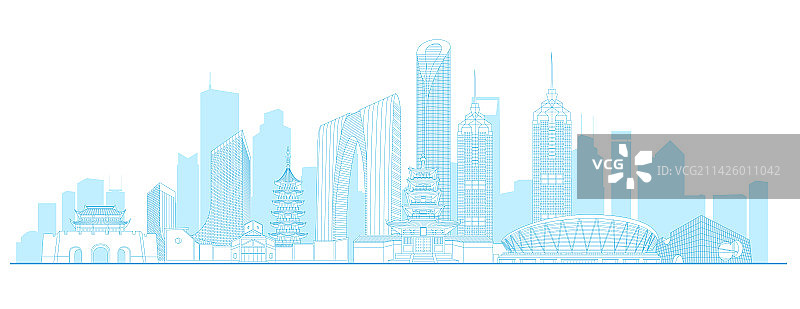 苏州城市地标建筑蓝色线稿矢量插画图片素材