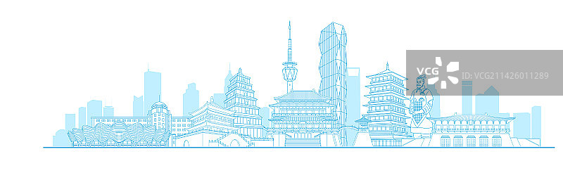 西安城市地标建筑蓝色线稿矢量插画图片素材
