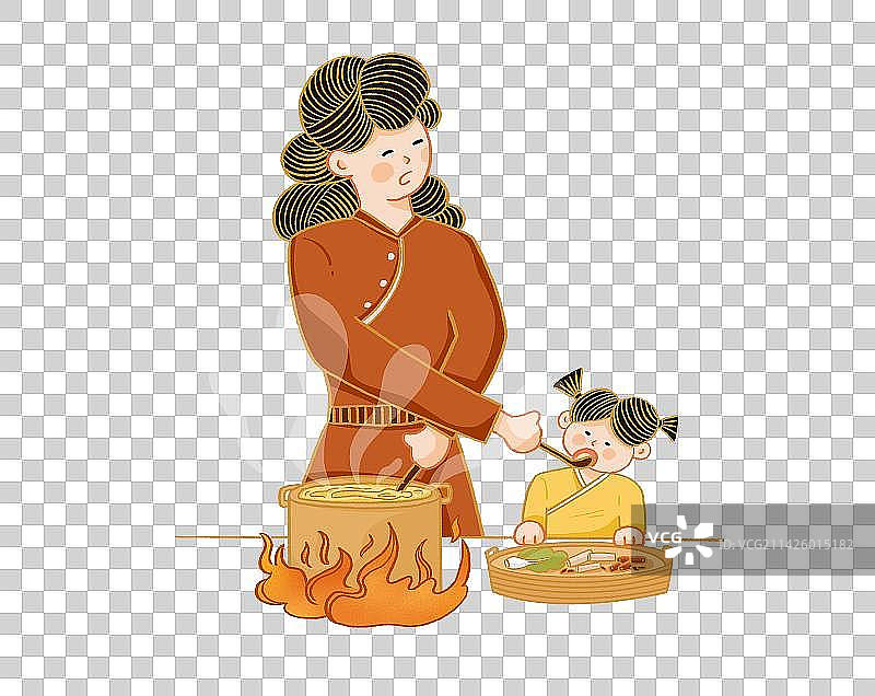 插画妈妈喂女儿喝汤图片素材