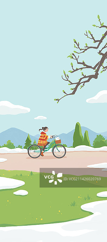 女孩骑着自行车在初雪融化草地变绿的路上图片素材