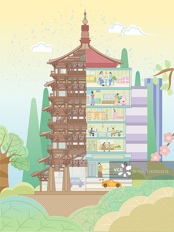 古往今来，山西应县木塔古建筑结构插画图片素材