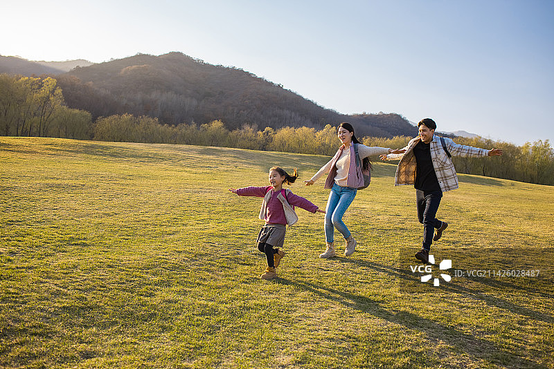 快乐的年轻家庭在草地上玩图片素材