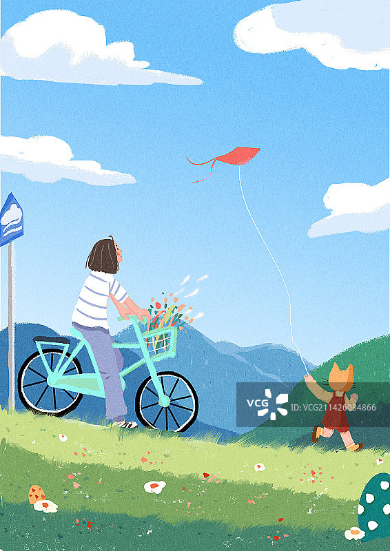 蓝天白云放风筝骑行自行车草地绿色大自然节气扁平插画图片素材