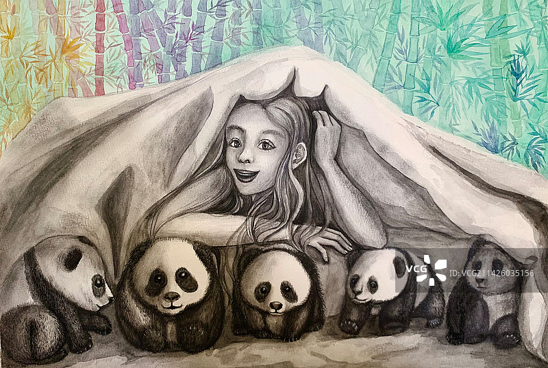 女孩熊猫黑白竹子清新春日手绘插画图片素材