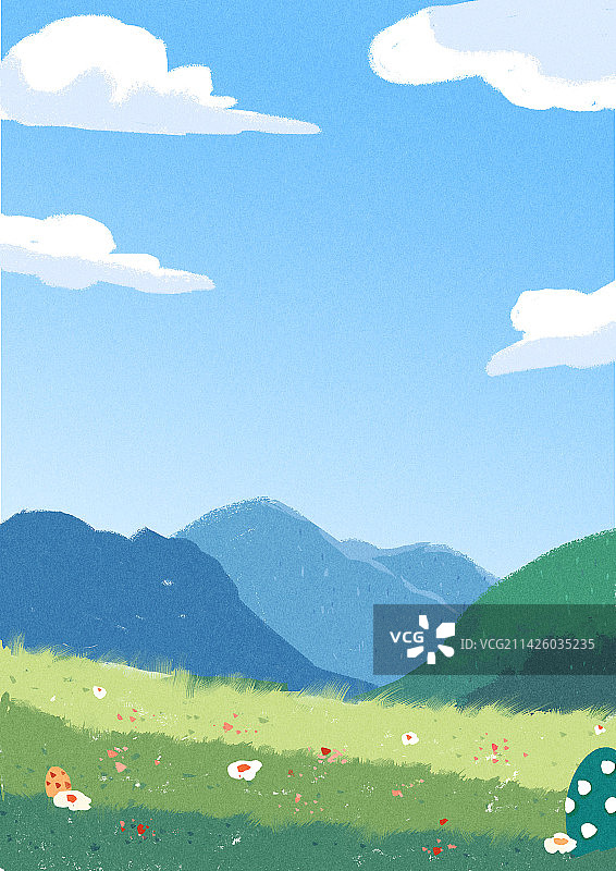 蓝天白云高山绿草地草坪大自然风景户外清新愉悦春季节气节日扁平插画图片素材
