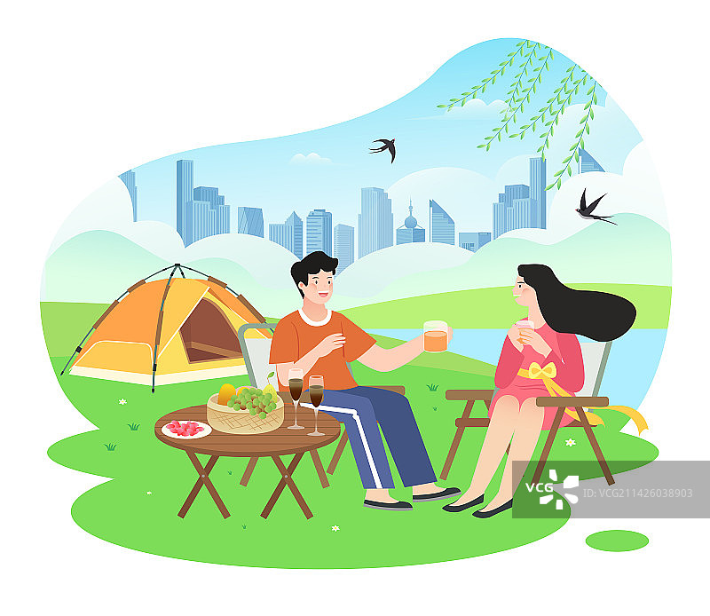 传统节气清明情侣春天踏青露营矢量插画图片素材