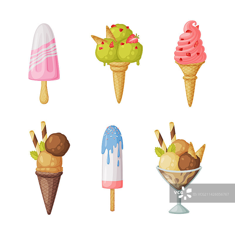 华夫饼锥和冰棍上的冷冻冰淇淋图片素材