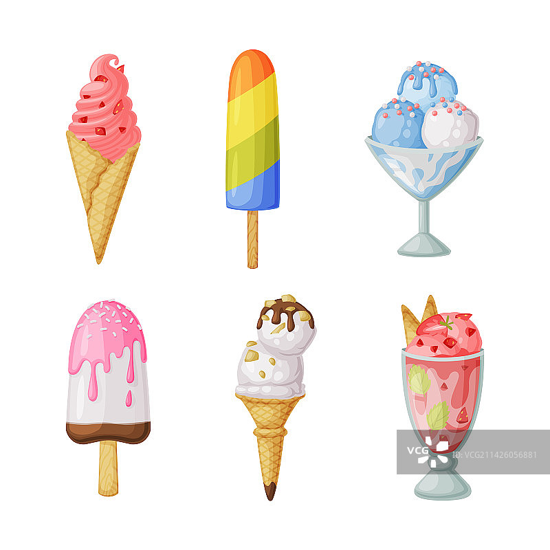 华夫饼锥和冰棍上的冷冻冰淇淋图片素材