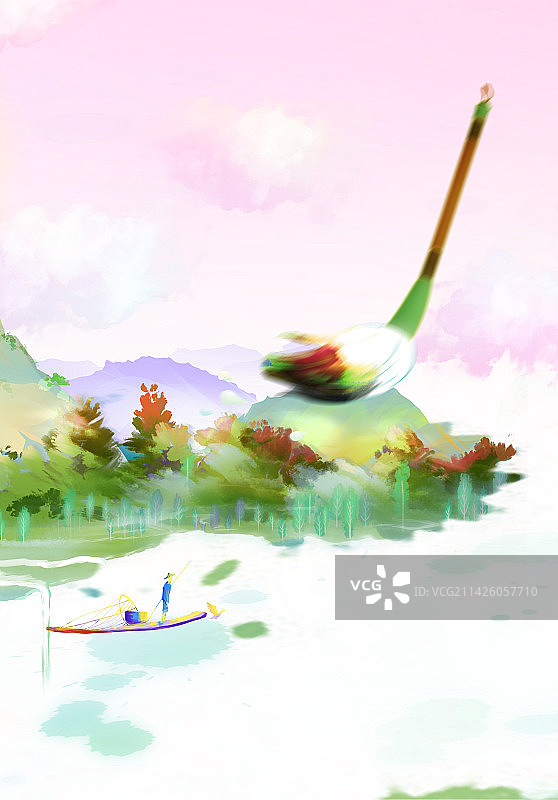 传统文化挥动的毛笔露营目的地风景景区插画图片素材