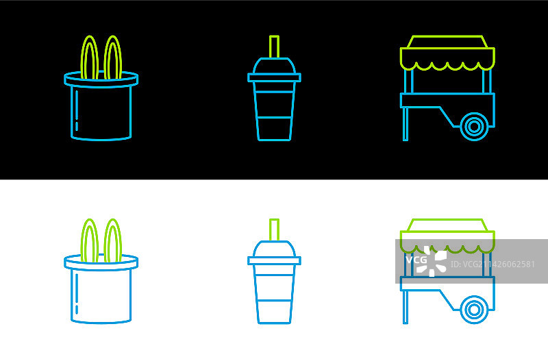 成套线条带遮阳篷的快餐车图片素材