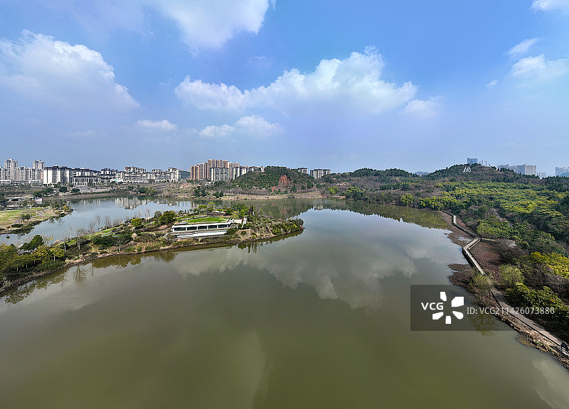 四川省遂宁市高新区规划馆鹭栖湖物流主题园航拍图片素材
