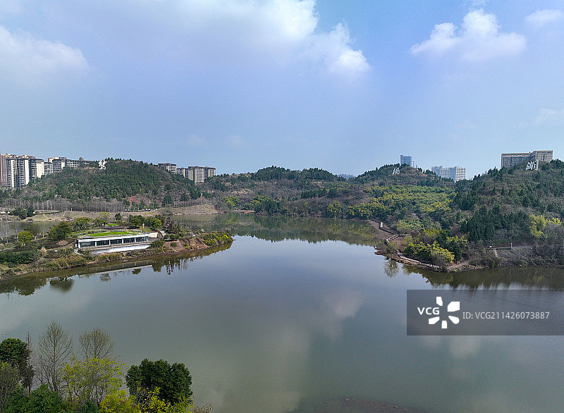 四川省遂宁市高新区规划馆鹭栖湖物流主题园航拍图片素材
