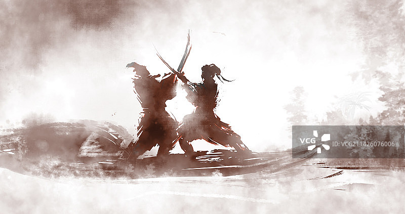 中国武打水墨风格二人渔舟兵器打斗图图片素材