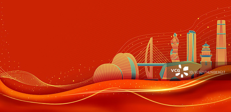 珠海红色建筑群插画图片素材