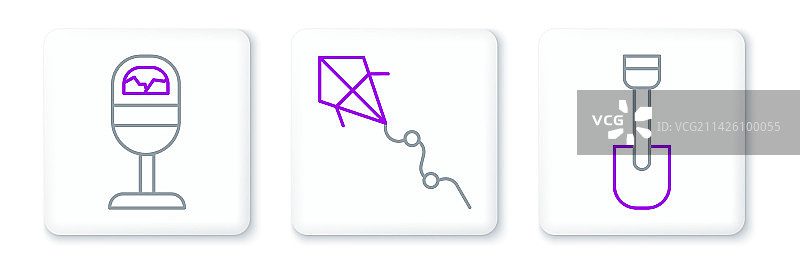 铲子、玩具垃圾桶和风筝线性图标套装图片素材