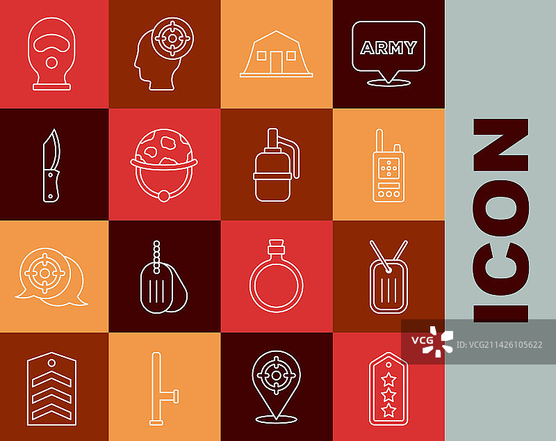 军事装备线性图标：军衔、狗牌、对讲机图片素材