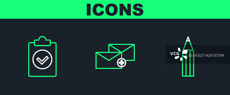 线条铅笔、已完成任务和信封图标图片素材