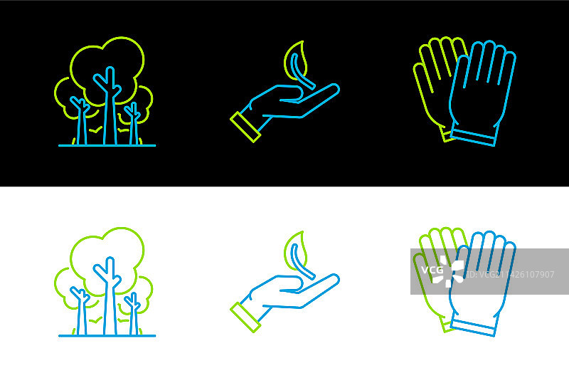 花园手套树木和手中的树苗套装图片素材