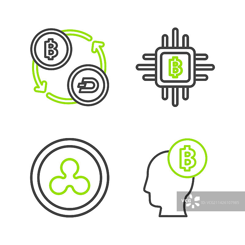 比特币、思考、加密货币、瑞波币图标图片素材