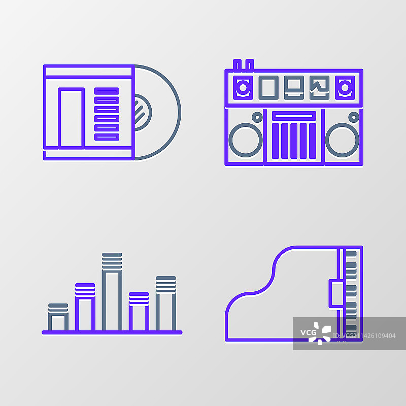 三角钢琴、音乐均衡器和DJ遥控器线条设置图片素材