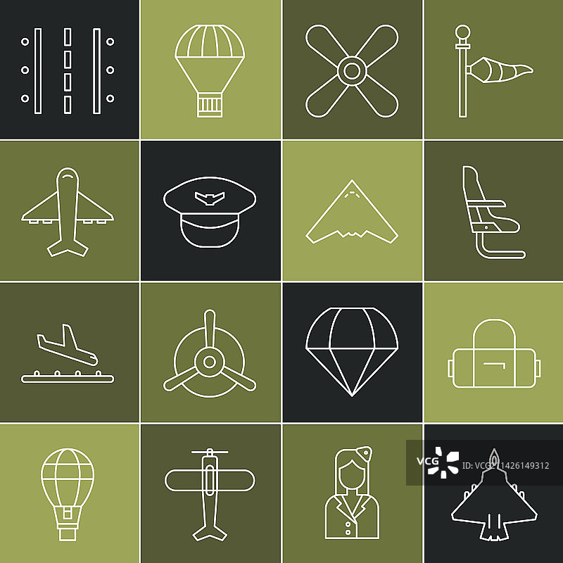 线条集合：喷气式战斗机、行李箱、飞机座椅图片素材