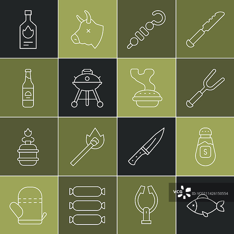 鱼、盐、烧烤叉和烤肉串图标图片素材