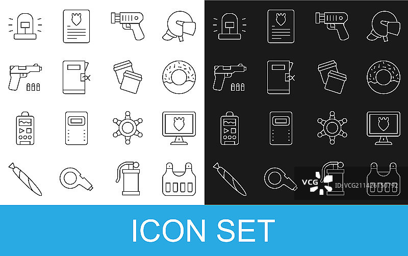 防弹背心、警察数据库和甜甜圈图标图片素材