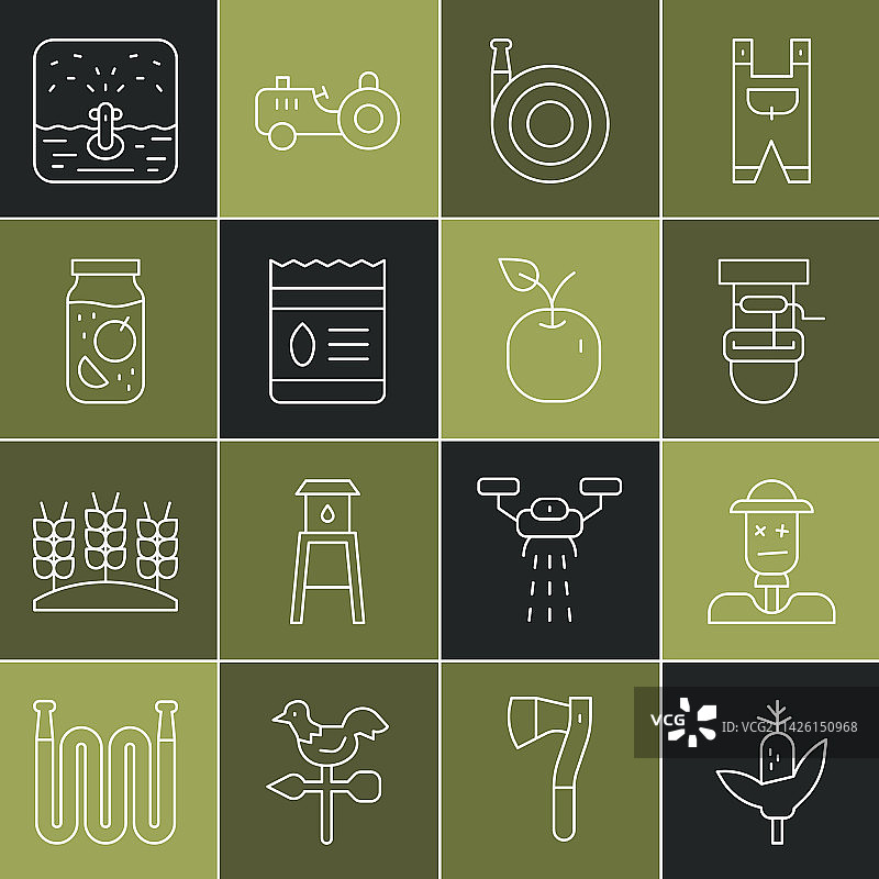 线条集：玉米、稻草人、带水桶的井和花园图片素材