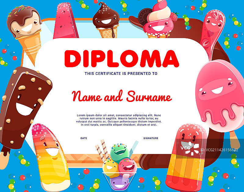 儿童文凭与卡通冰淇淋角色图片素材