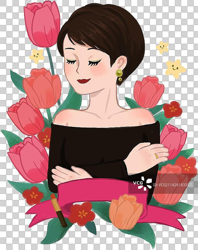 三八妇女节花朵环绕女人妻子形象清新唯美插画免扣素材图片素材